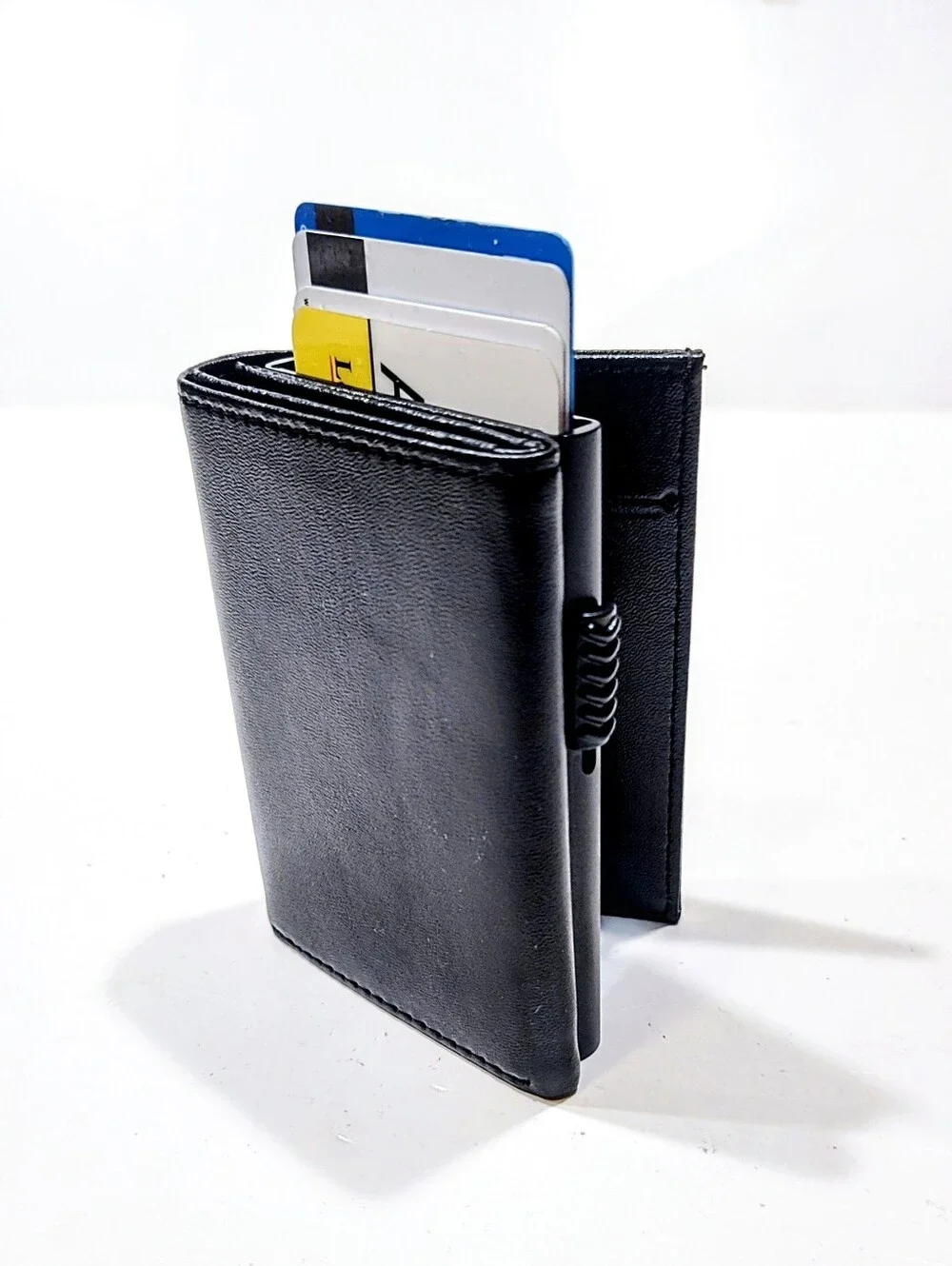Unbranded Black Leather Tri-Fold Wallet Pop Up Card Holder Slim Magnetic